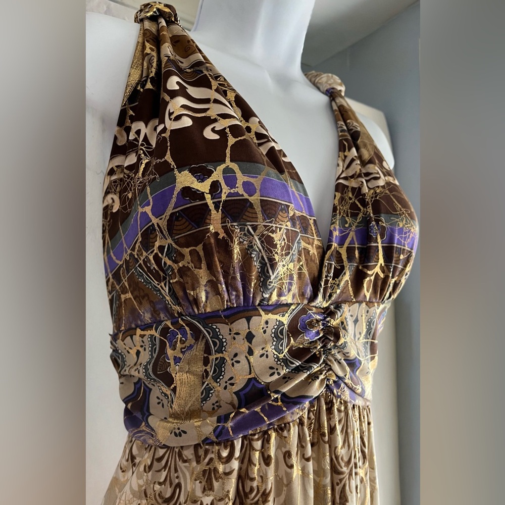 Majora Gold Cream Racerback Purple Metallic Maxi Dress Built-In Bra Cups Size L